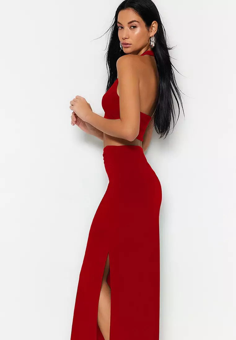 Red Body-fitting Knitted Accessory Blouse Skirt Beach Set TBESS23AU00084