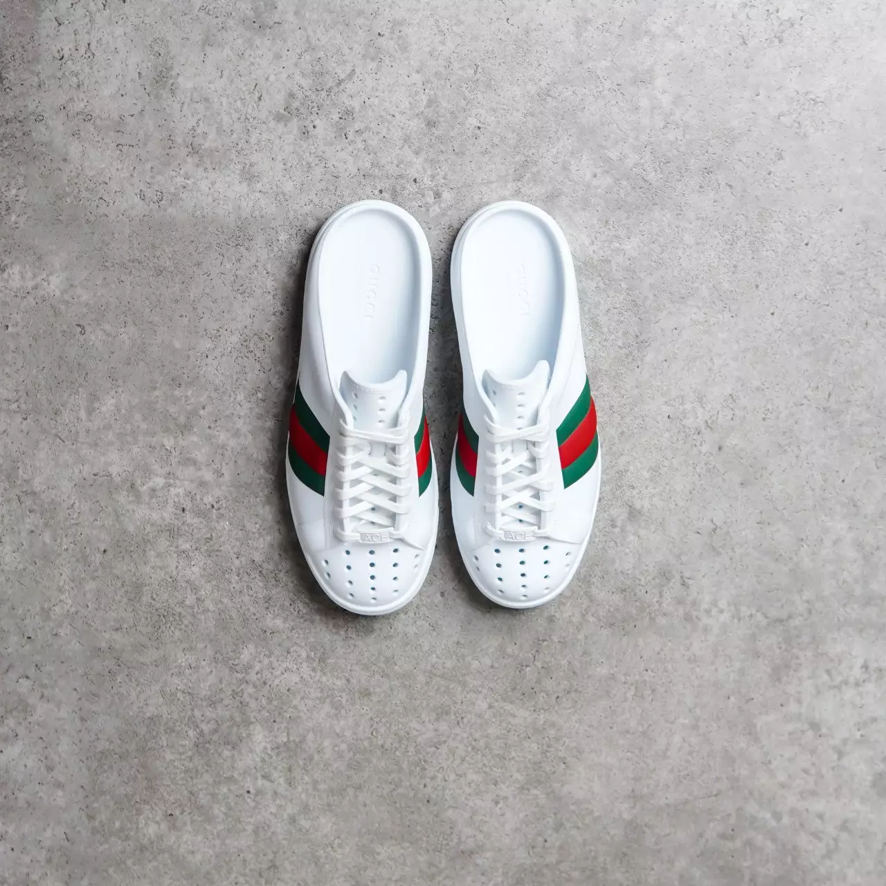 Sepatu GUCCI ACE STRIPE RED GREEN WHITE RUBBER MULES 100% ORIGINAL
