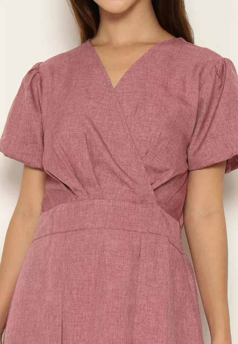 Urban Exchange Jasmine Dress Pink - Midi Dress Puff Sleeves