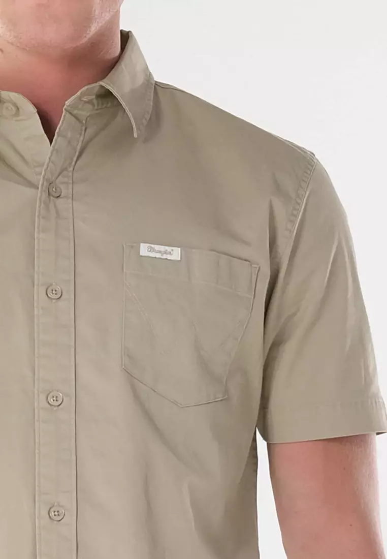 Button Down Short Sleeve Polo for Men in Light Khaki Color