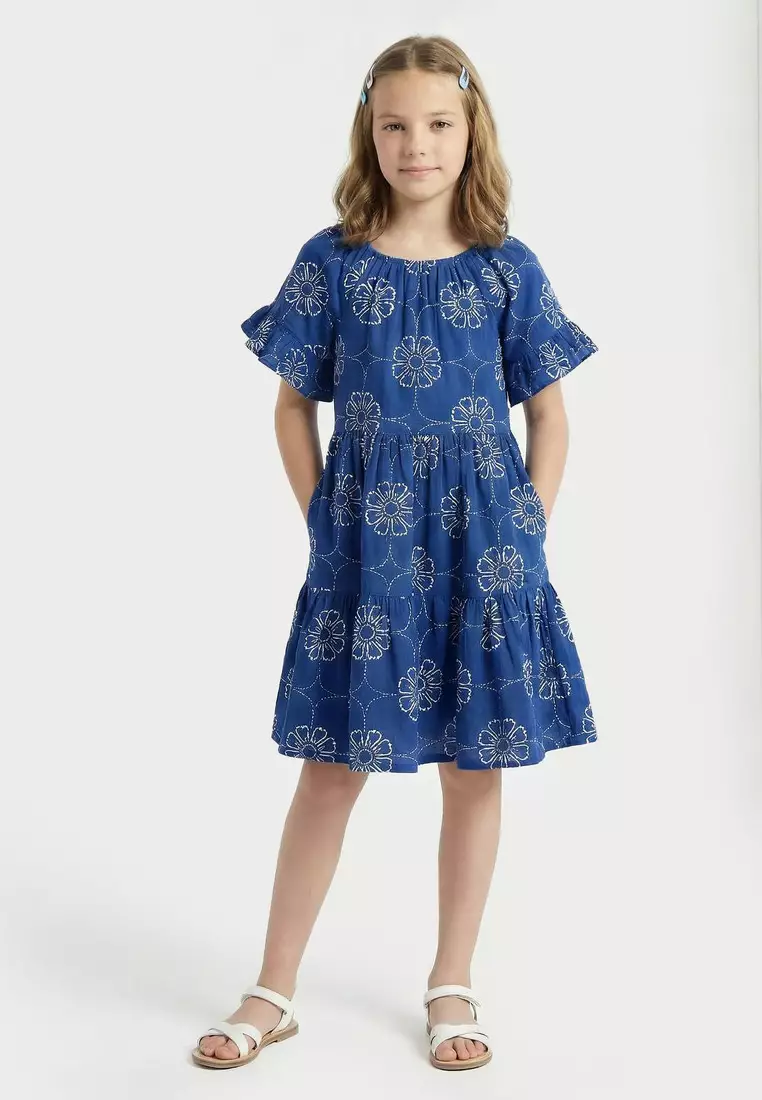 Babyshop Juniors Round Neck Short Sleeves Knee Length A-Line Dress With Floral Print