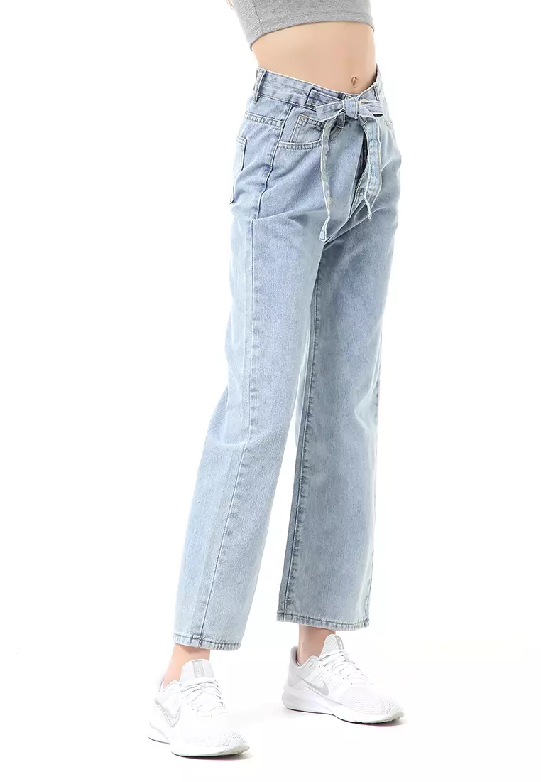 Stella Highwaist Jeans Kulot Wanita Long Pants Belt Design Material Denim ORIGINAL - Light Blue