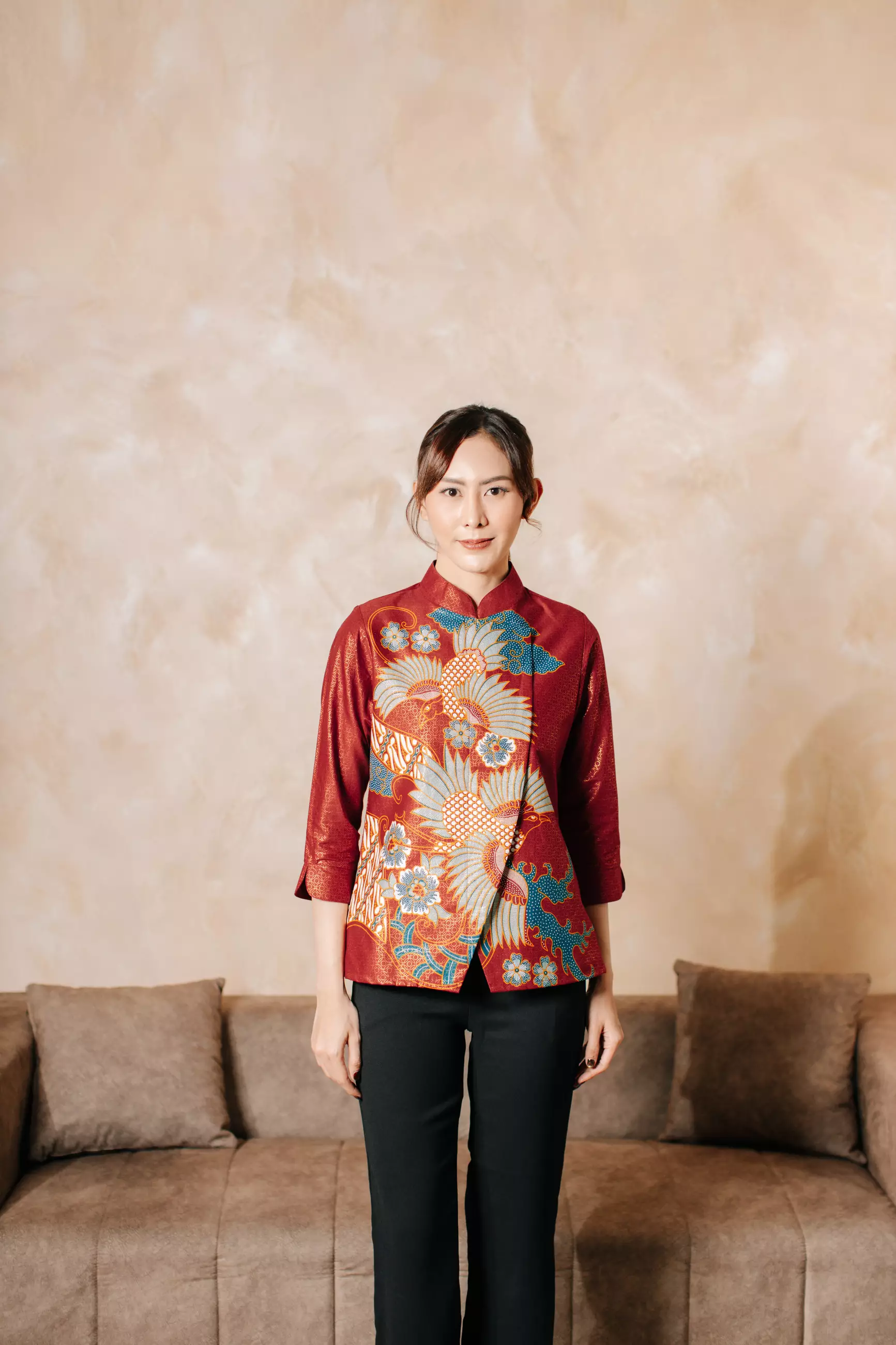 Jinara Red Blouse Batik Wanita Janggan Tricott Katun Foil