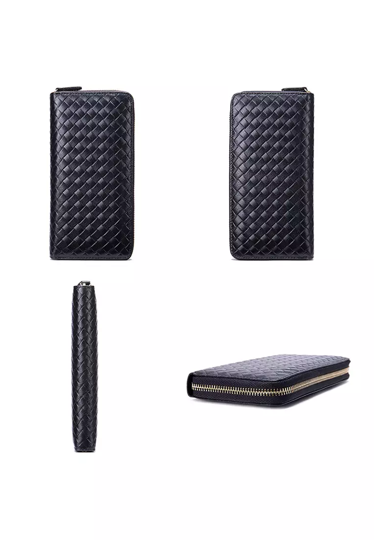 Plain Weave Genuine Leather Zipper Clutch Purse Long Wallet