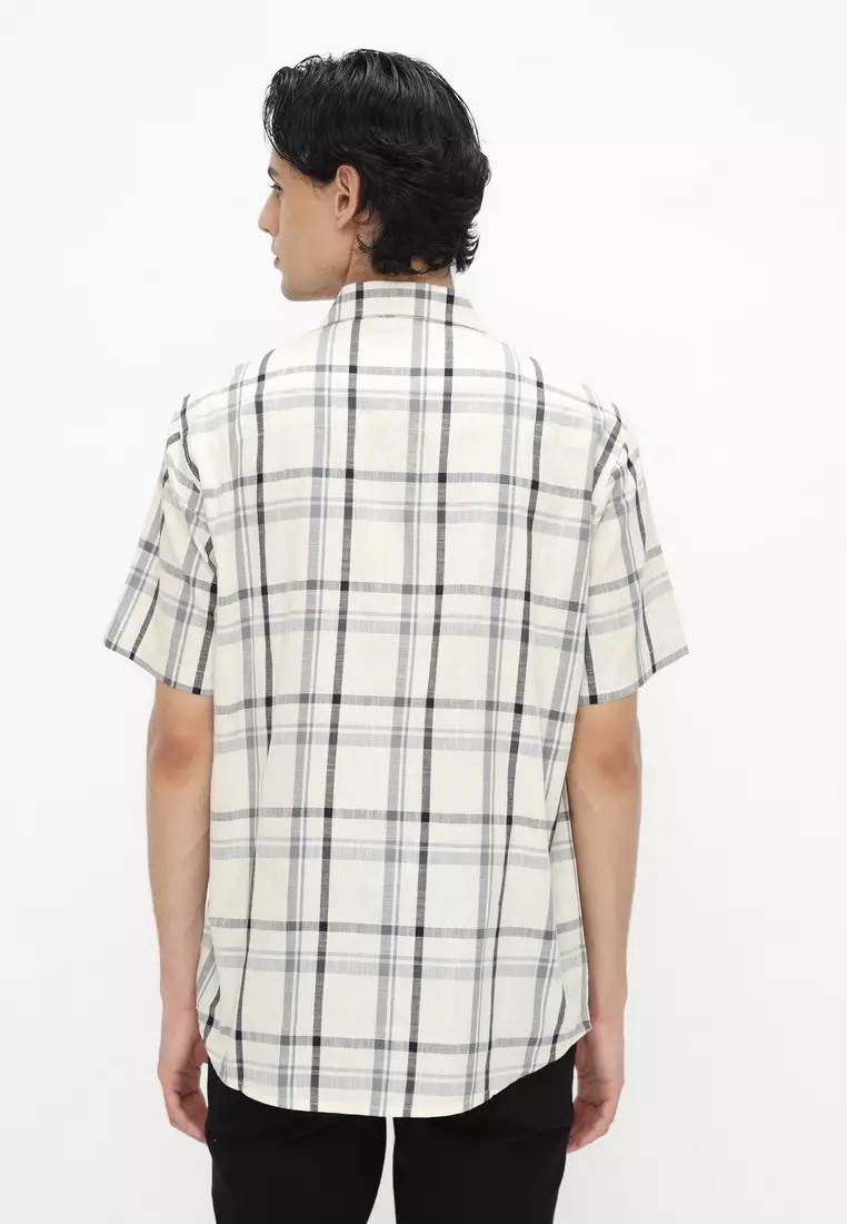 POLICE Kemeja Kotak Cotton Slub Off White Regular Fit Pria