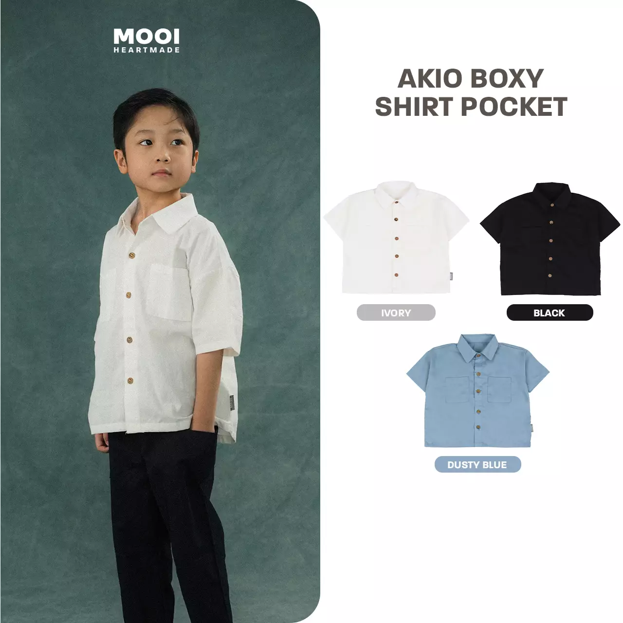 Mooi Kemeja Anak Laki-laki Akio Boxy Shirt Pocket - Black
