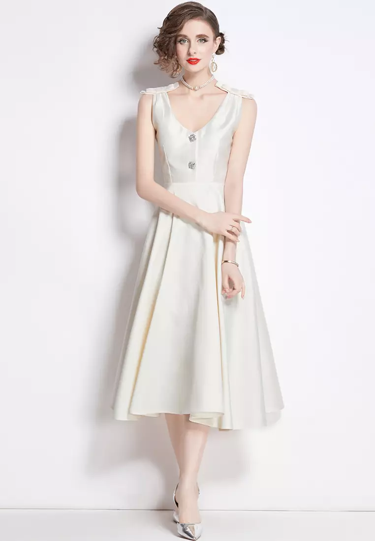 Retro French Satin Dress Minimalist Slim Fit Party Dress CA4021902W