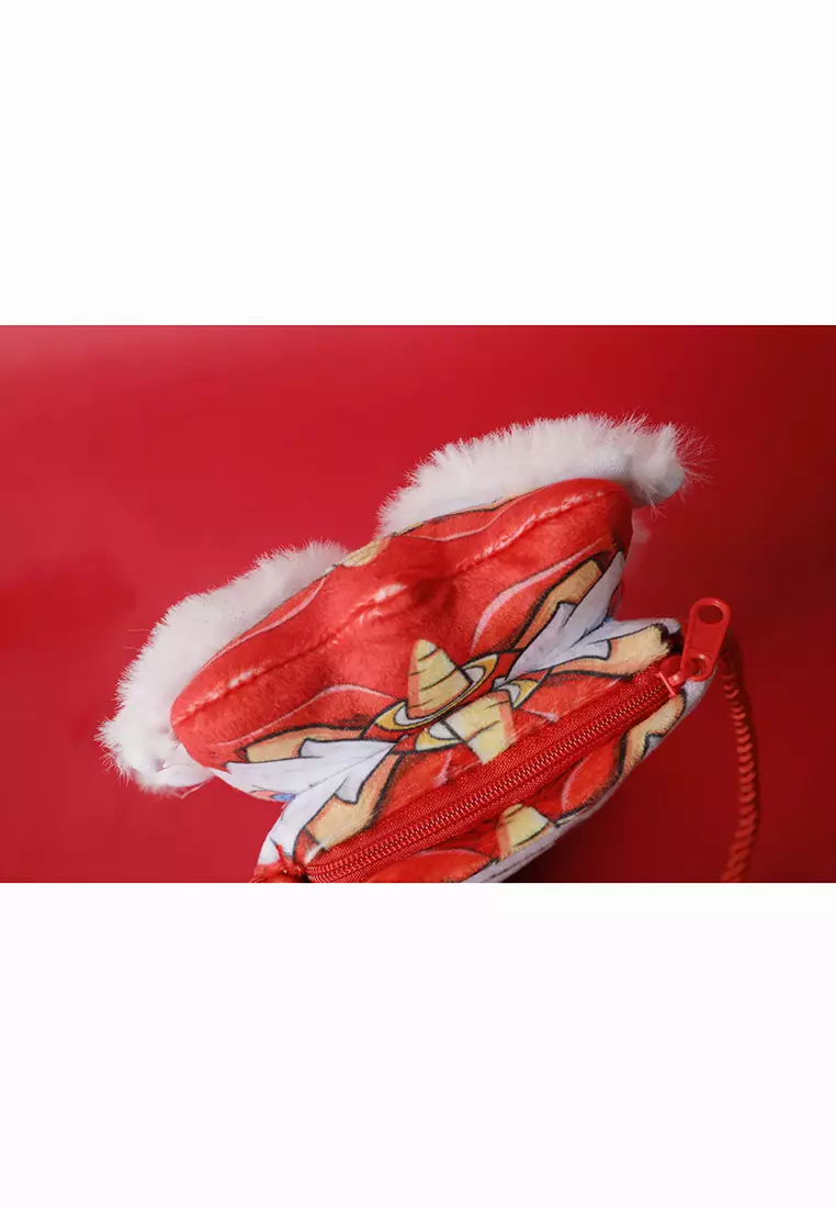 兒童新年舞狮头招财猫絨面紅包袋斜跨包