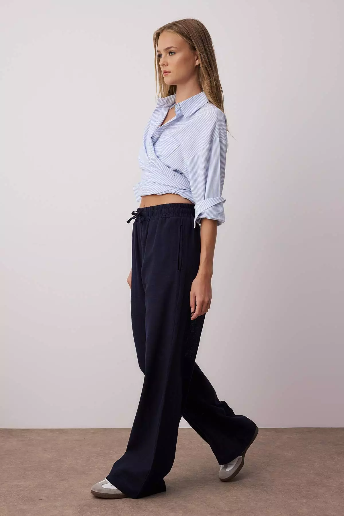 Navy Blue Linen Look Wide Leg Shorts Lined Elastic Waist Pants