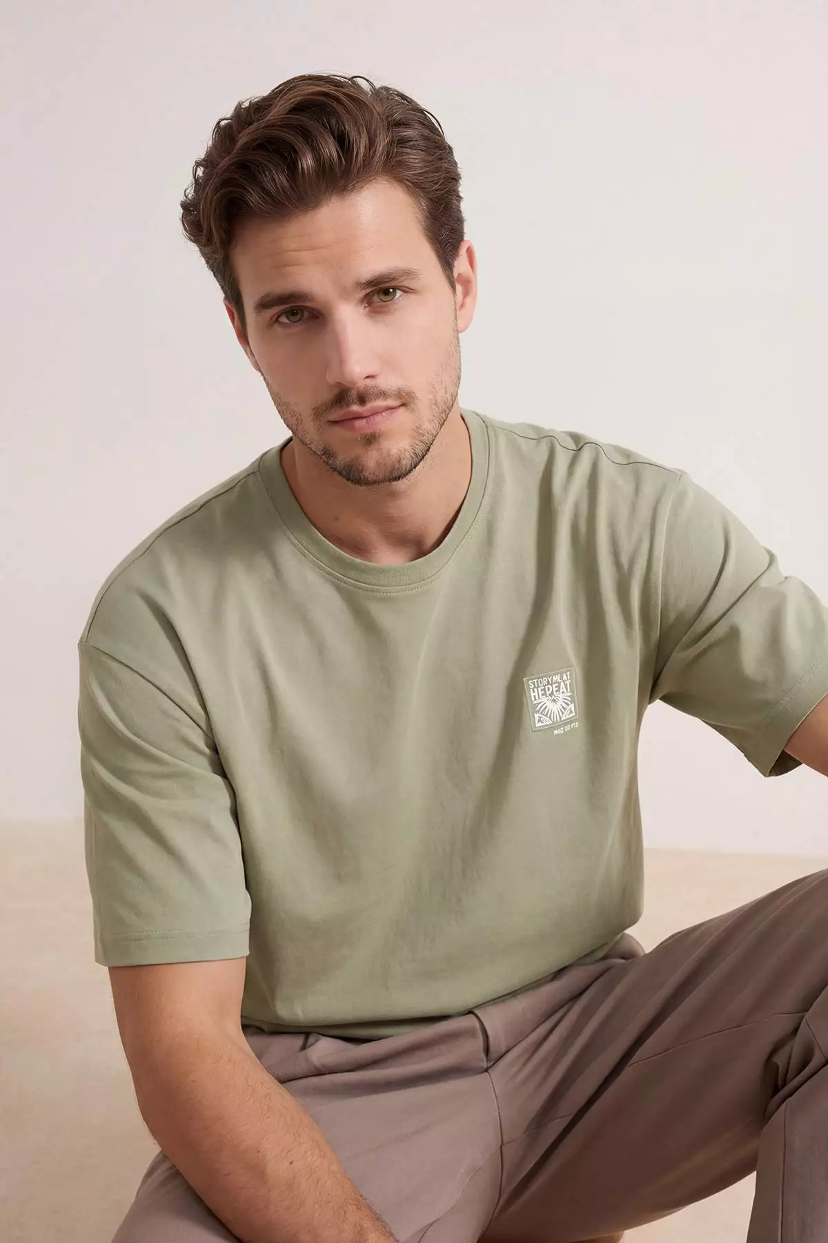 Light Khaki Oversized /Wide Cut Embroidered 100% Cotton T-Shirt Tmnss26Ts00024