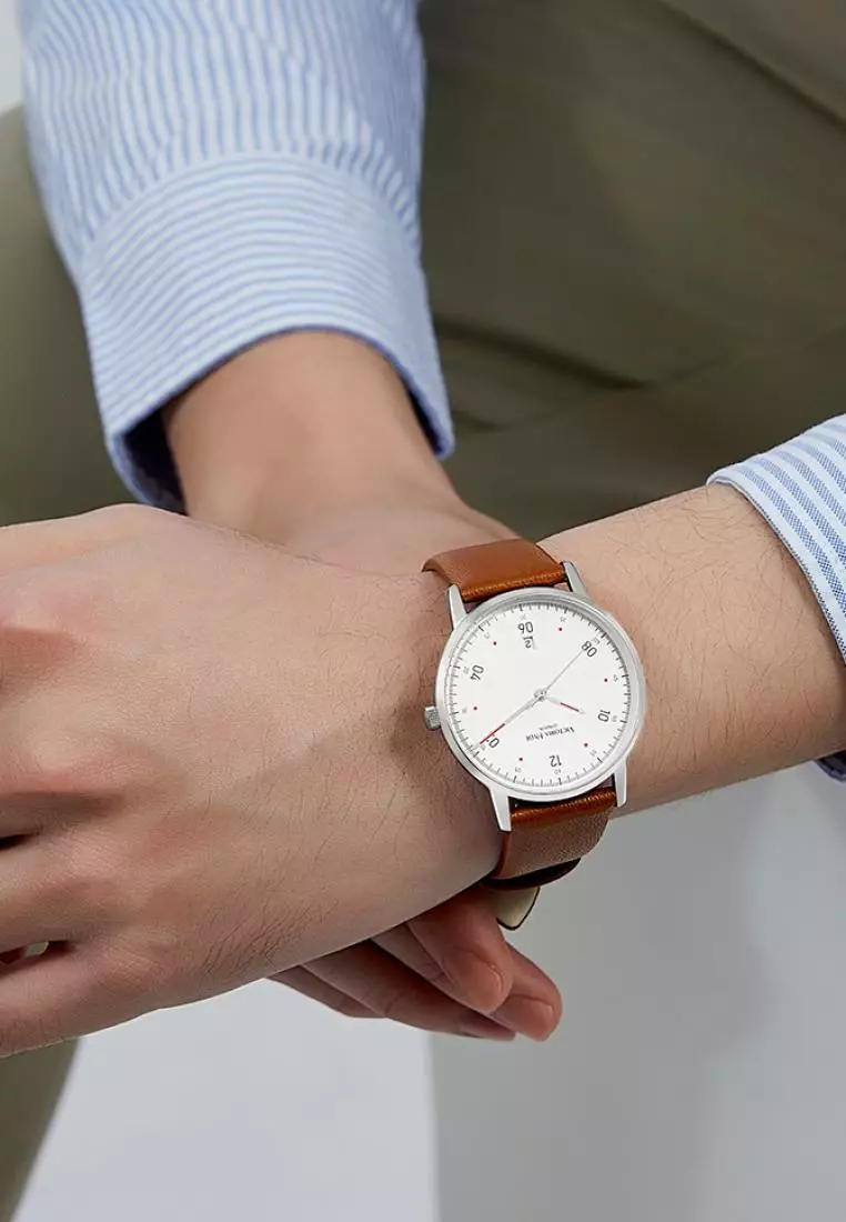 Orton 男士休閑手表 φ39mm圓形表盤 真皮表帶 包豪斯風格 日曆功能防水表-棕色