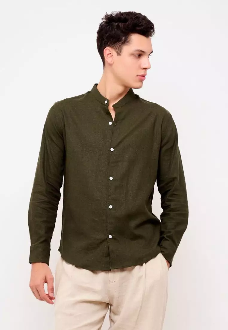 Santiago Kemeja Linen Lengan Panjang Pria Hijau Army | Linen Long Sleeve Shirt Men Army Green