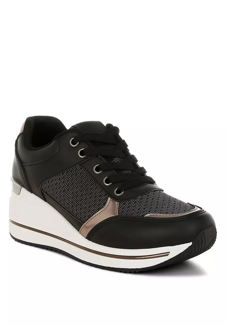 Sepatu Kets Kulit Imitasi & Jaring Warna Hitam