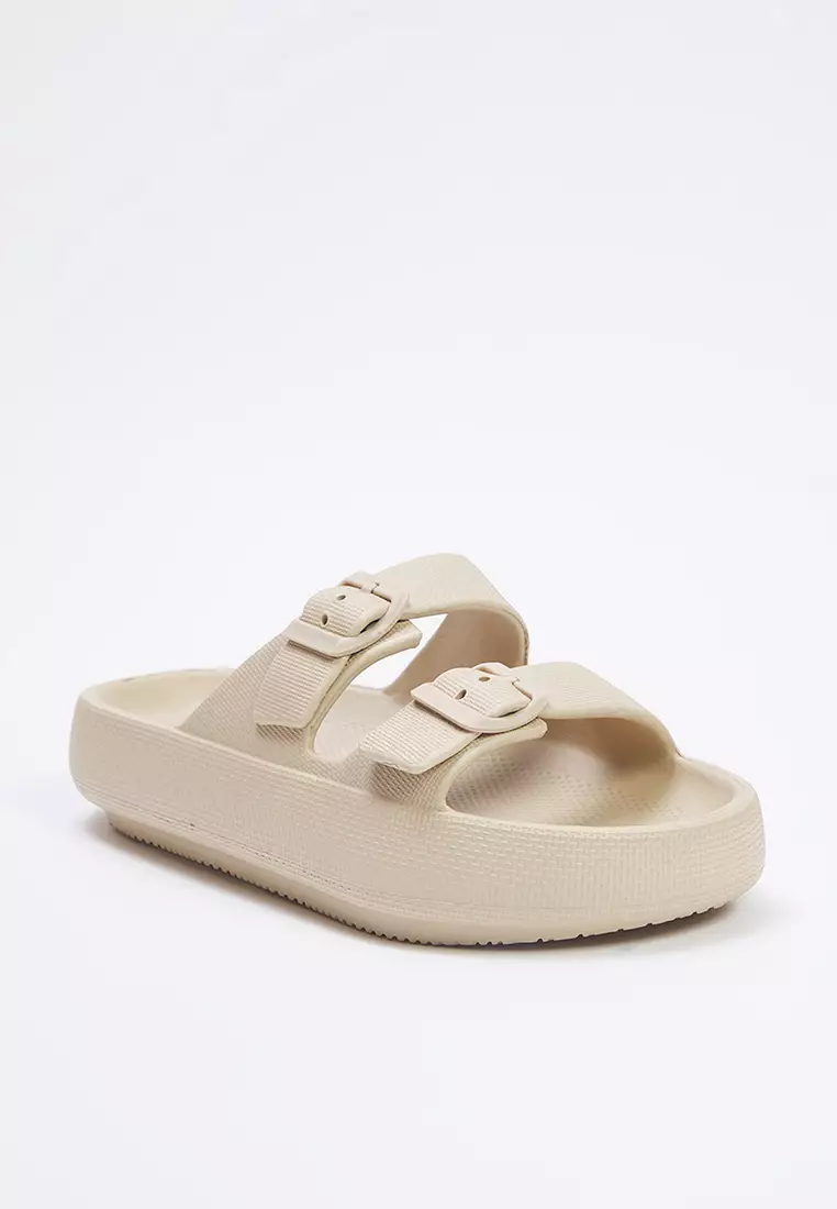 Beige Double Banded Buckle Detailed Light Sole Women's Slippers Takss25Te00019