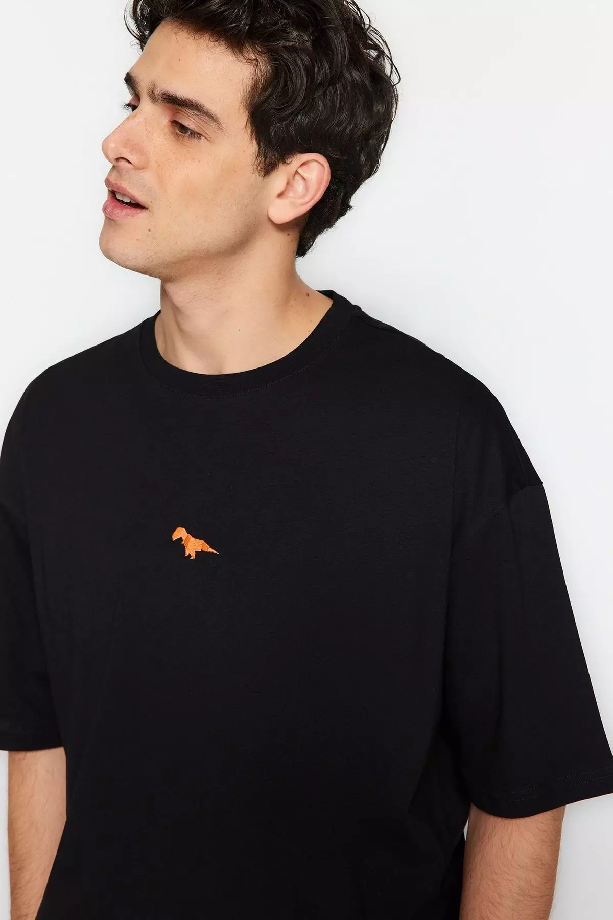 Plus Size Black Oversize/Wide Cut 100% Cotton Dinosaur Embroidered T-Shirt TMNSS24BF00013