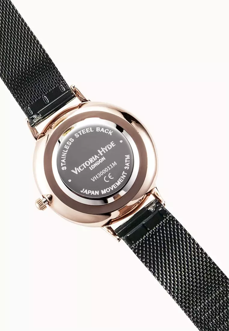 中性休闲表 男女通用 現代風格 38mm黑色圓形表盤黑色不鏽鋼網狀表帶-黑色