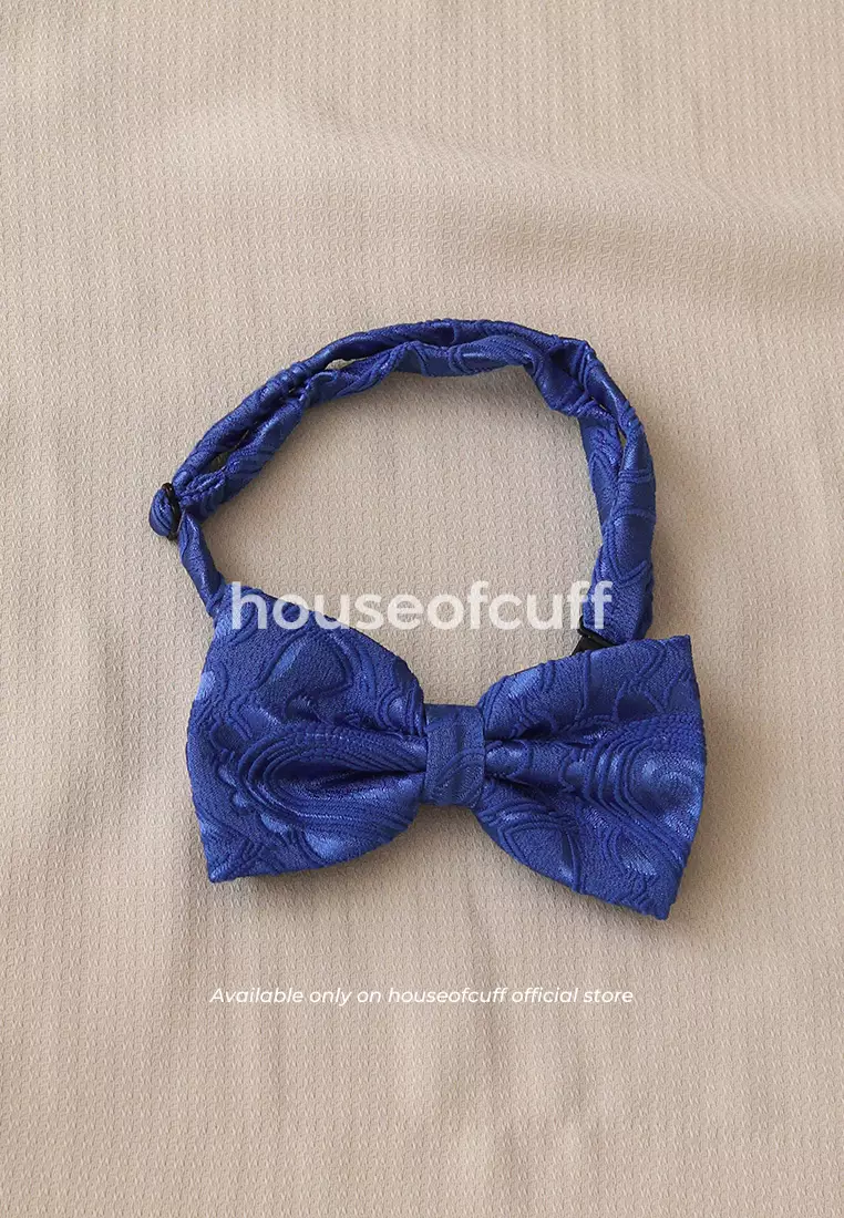 Houseofcuff dasi kupu pria bowtie pocket square jacquard biru motif