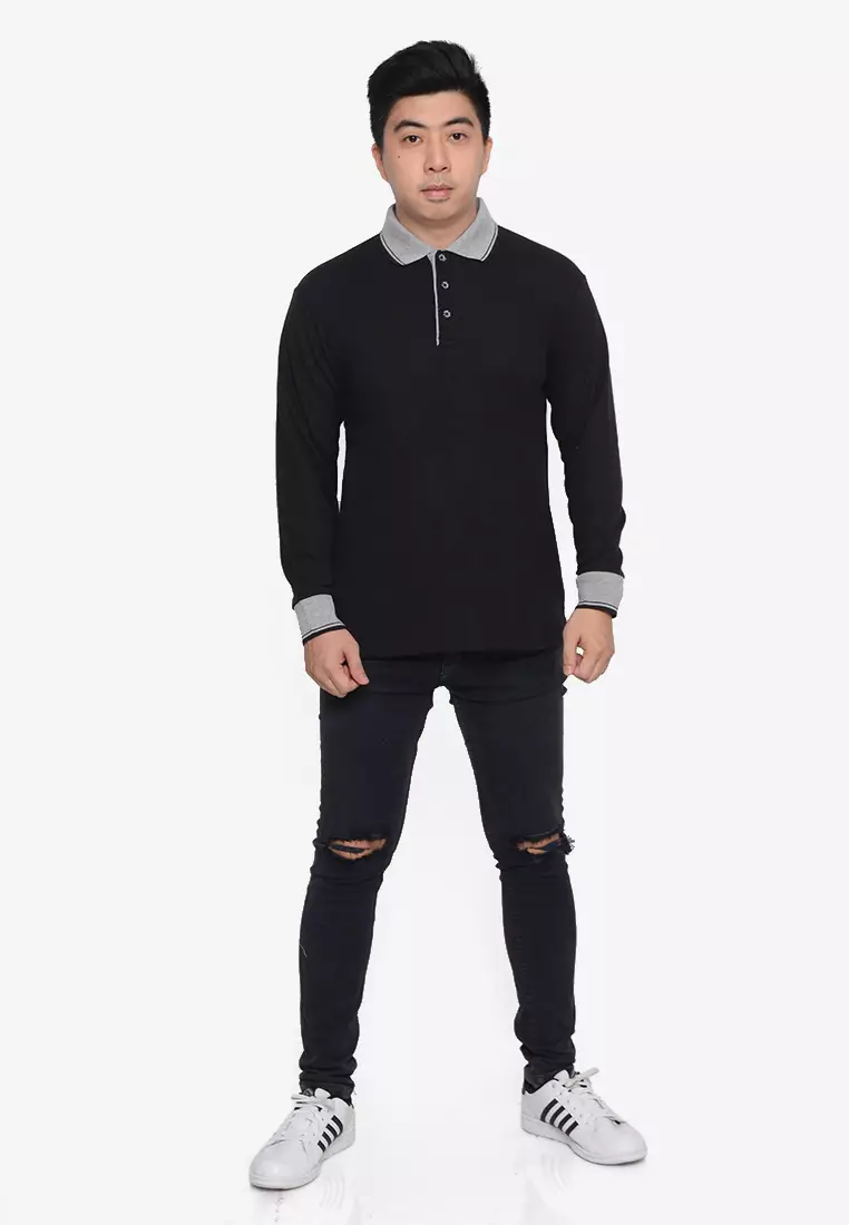 Andre Michel Kaos Polo Shirt Lengan Panjang Kerah Abu Hitam 933-5