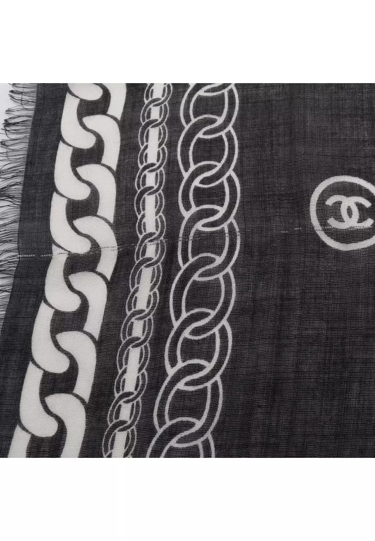 Pre-Loved Chanel coco mark shawl cashmere silk black white