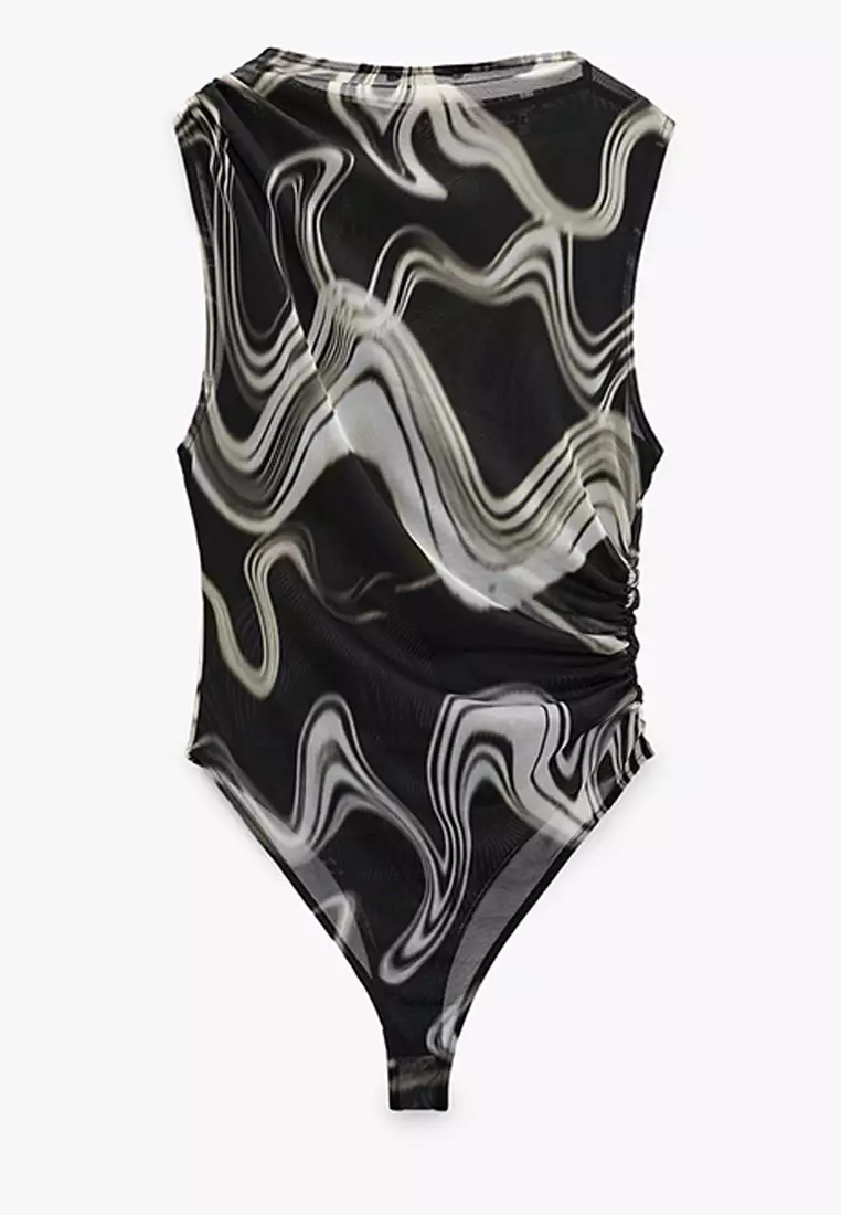 Printed Tulle Top with Draped Detail