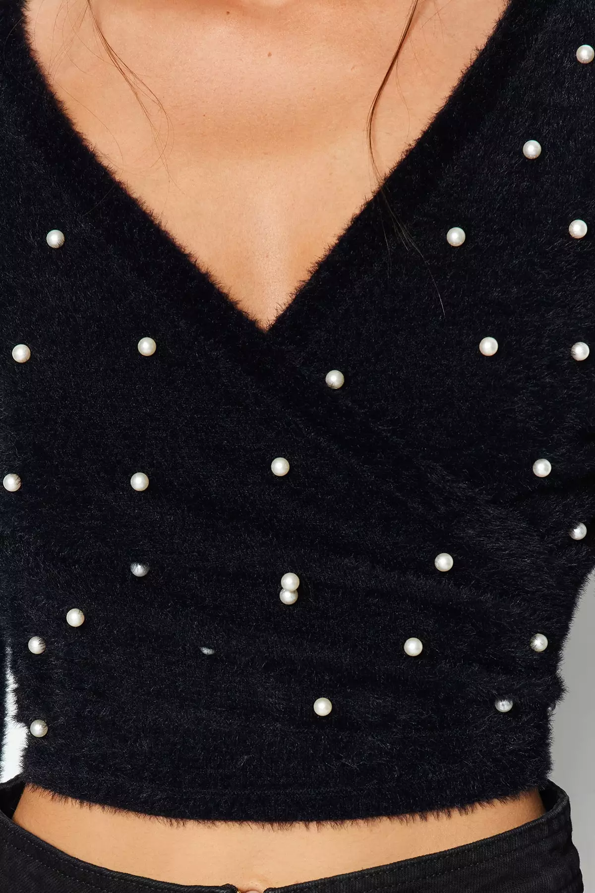 Faux Pearl Crop Wrap Knit Sweater