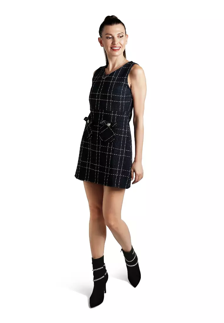 海軍藍無袖梭織有蓋口袋迷你連身裙