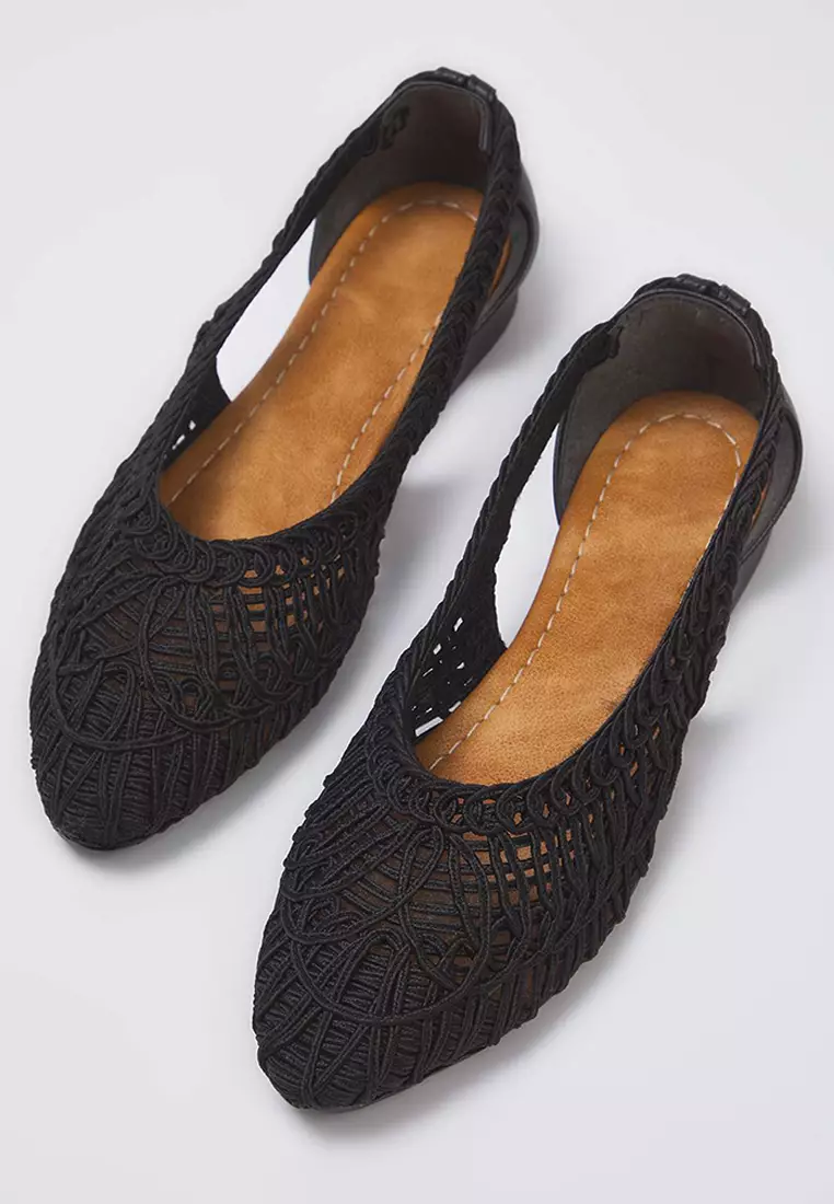 Black Knitted Patterned Almond Toe Women's Ballerina Ballet Takss25Be00027