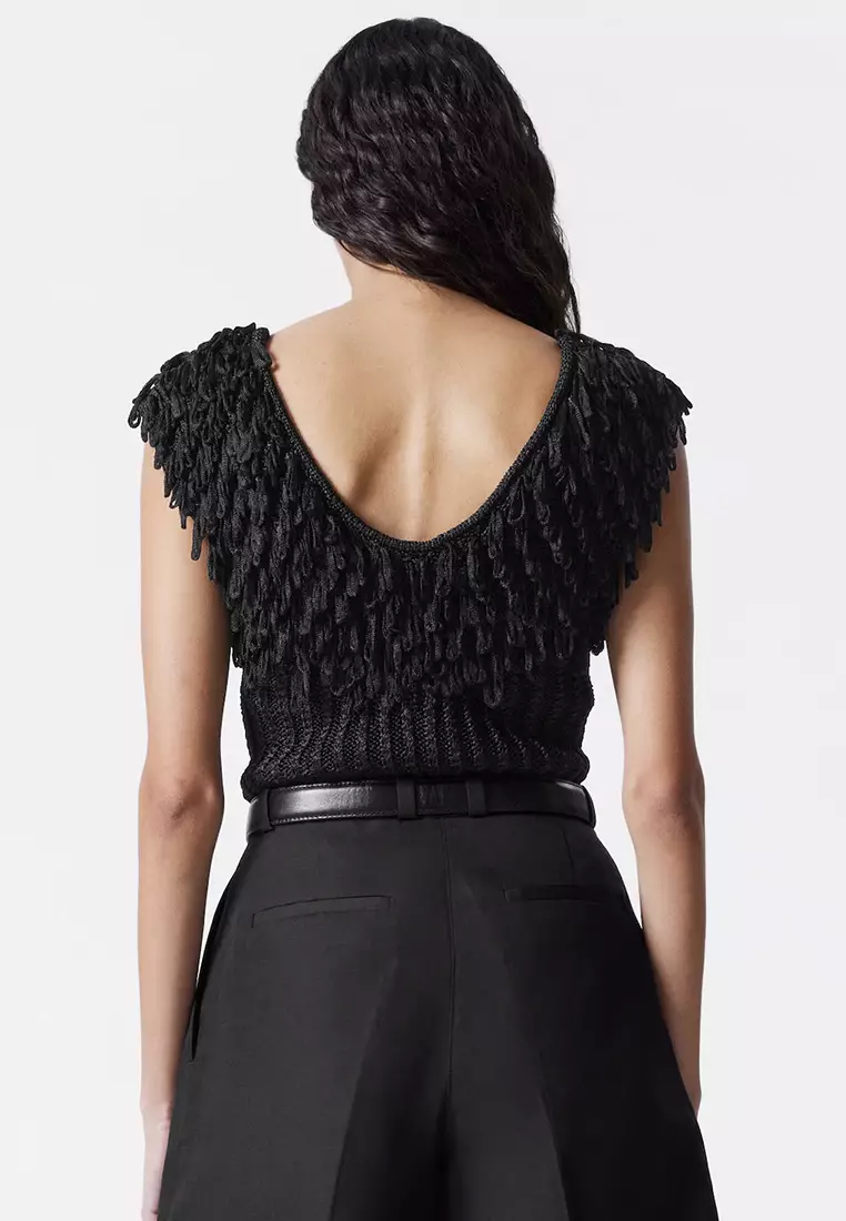 Fringed Rib-Knit Top