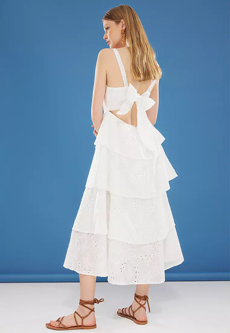 Ecru Skirt With Opening Waist And Back Tie Detail Maxi Embroidered Woven Dress