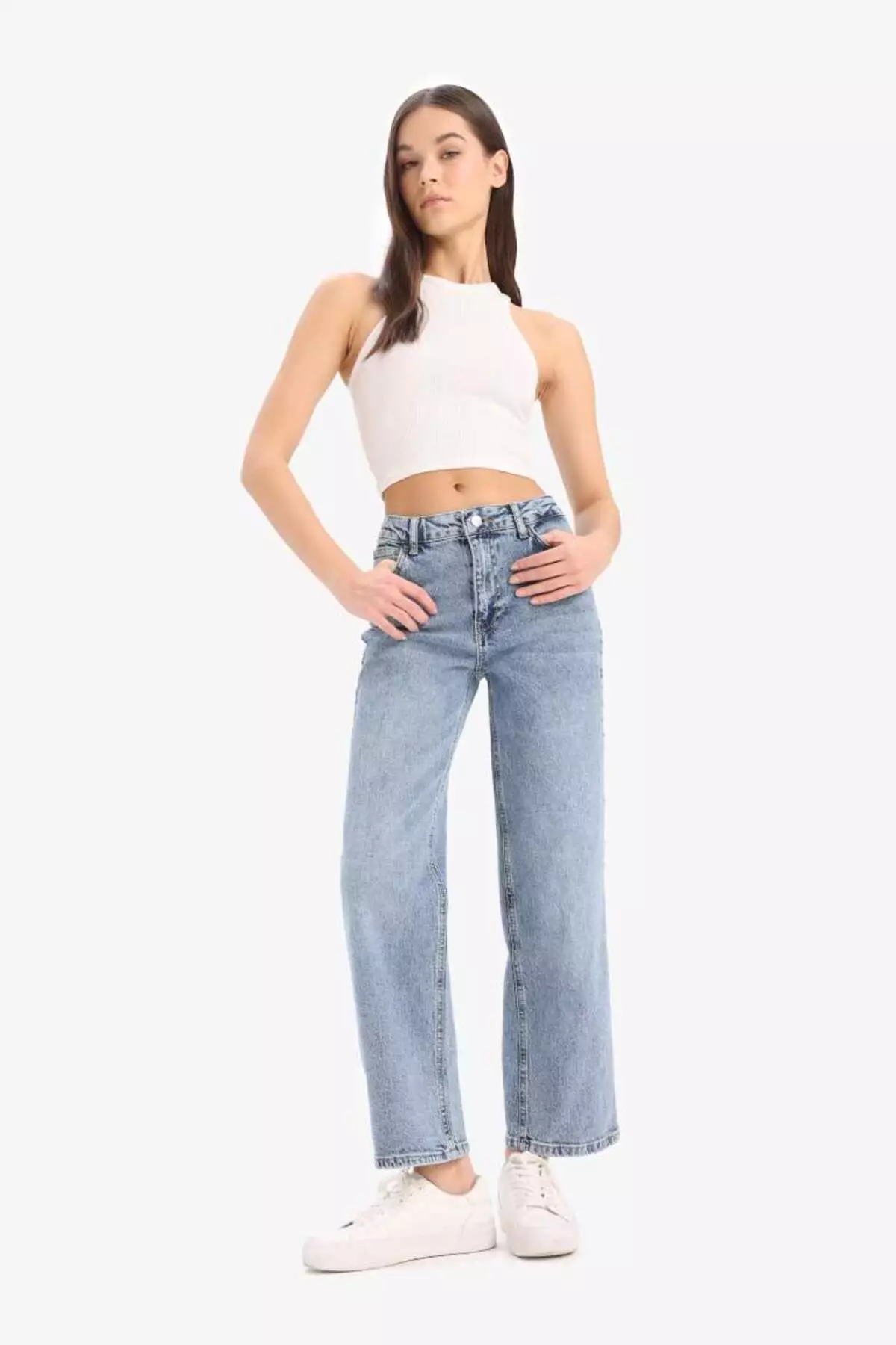 Comfort Straight High Waist Ankle Length Jean Washed Trousers D8155Ax25Sm