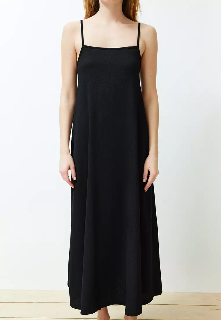 Black Adjustable Straps A-Line Crepe/Textured Knit Maxi Dress