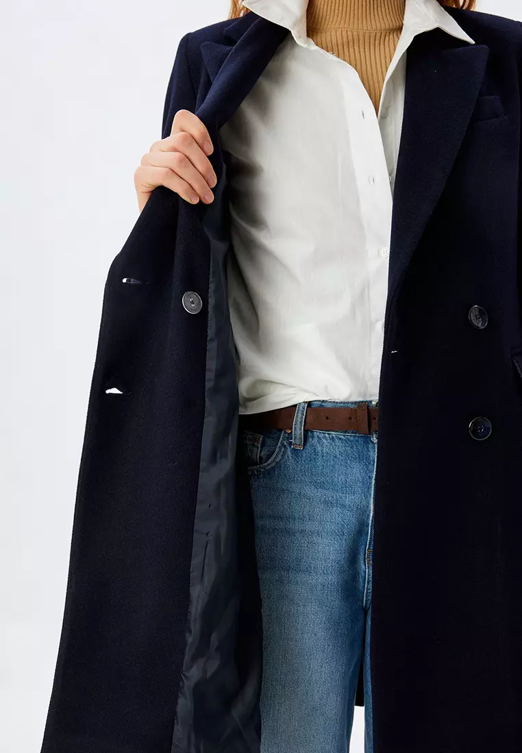 Long Cashmere Coat Double Breasted Buttoned Pocket