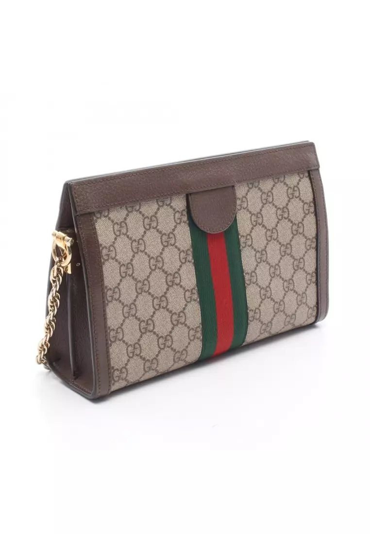 Pre-Loved Gucci Ophidia Small GG Supreme chain shoulder bag PVC leather beige Dark brown multicolor