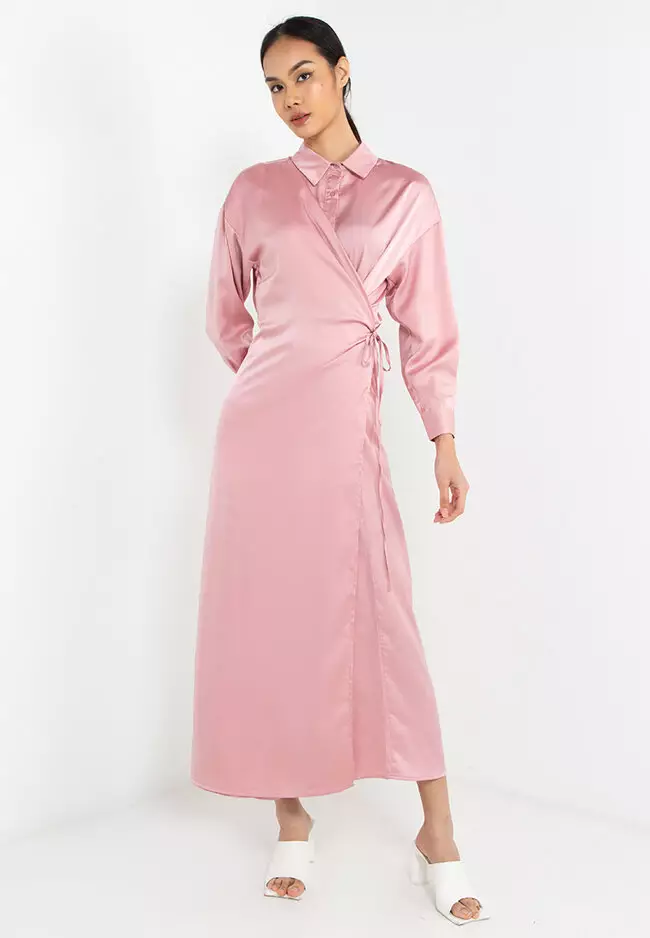 Pink satin outlet shirt dress