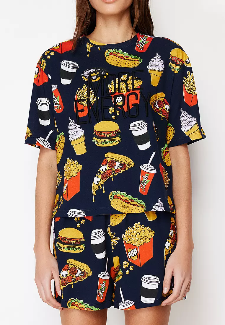 Slogan Embroidered Knitted Pajama Set with Shorts