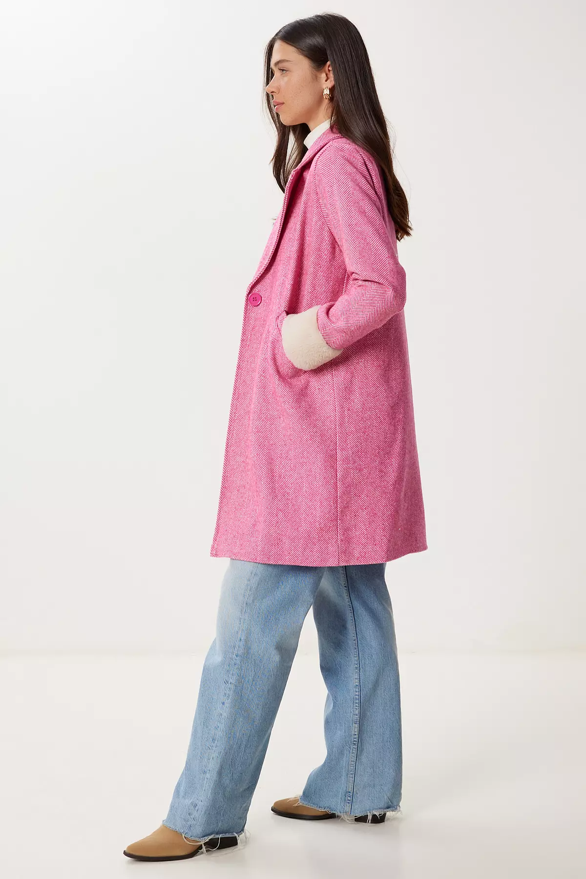 Women's Green Double Breasted Collar Fur Cashmere Coat Dd01367