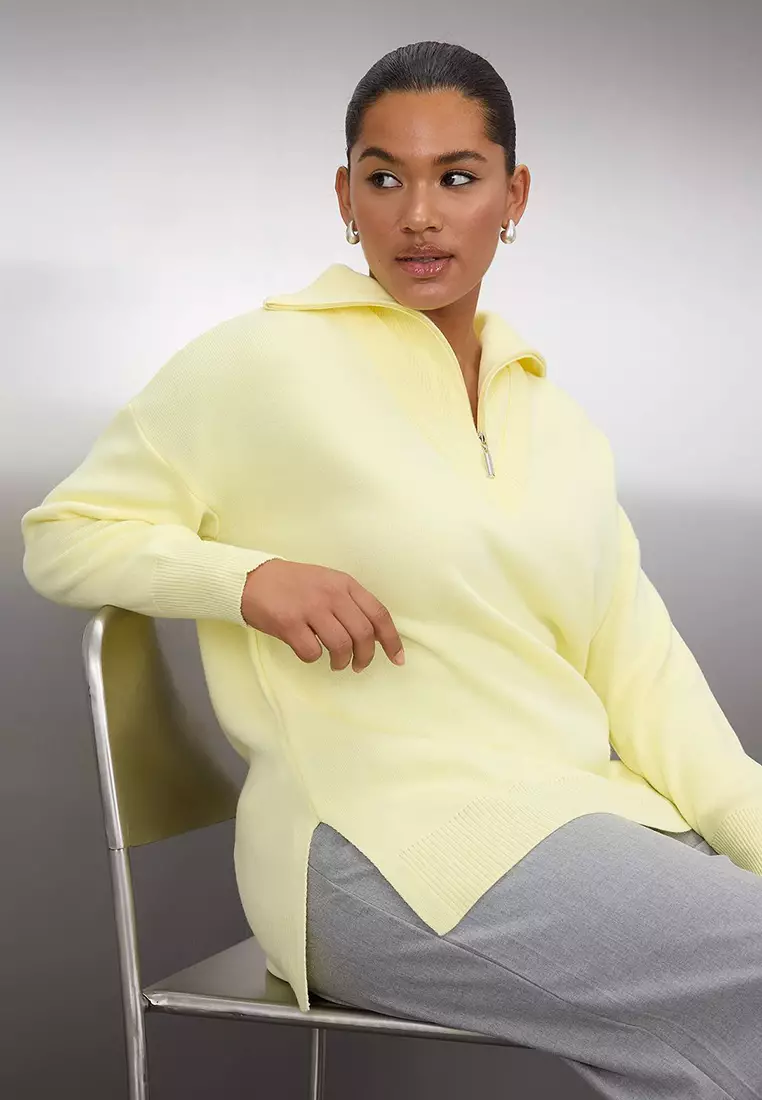 Yellow Turn-Down Collar Zipper Knitwear Sweater Tbbaw26An00015