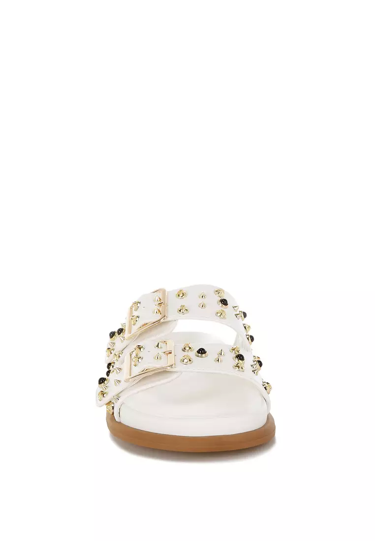 Metallic Stud Embellished Sliders In White