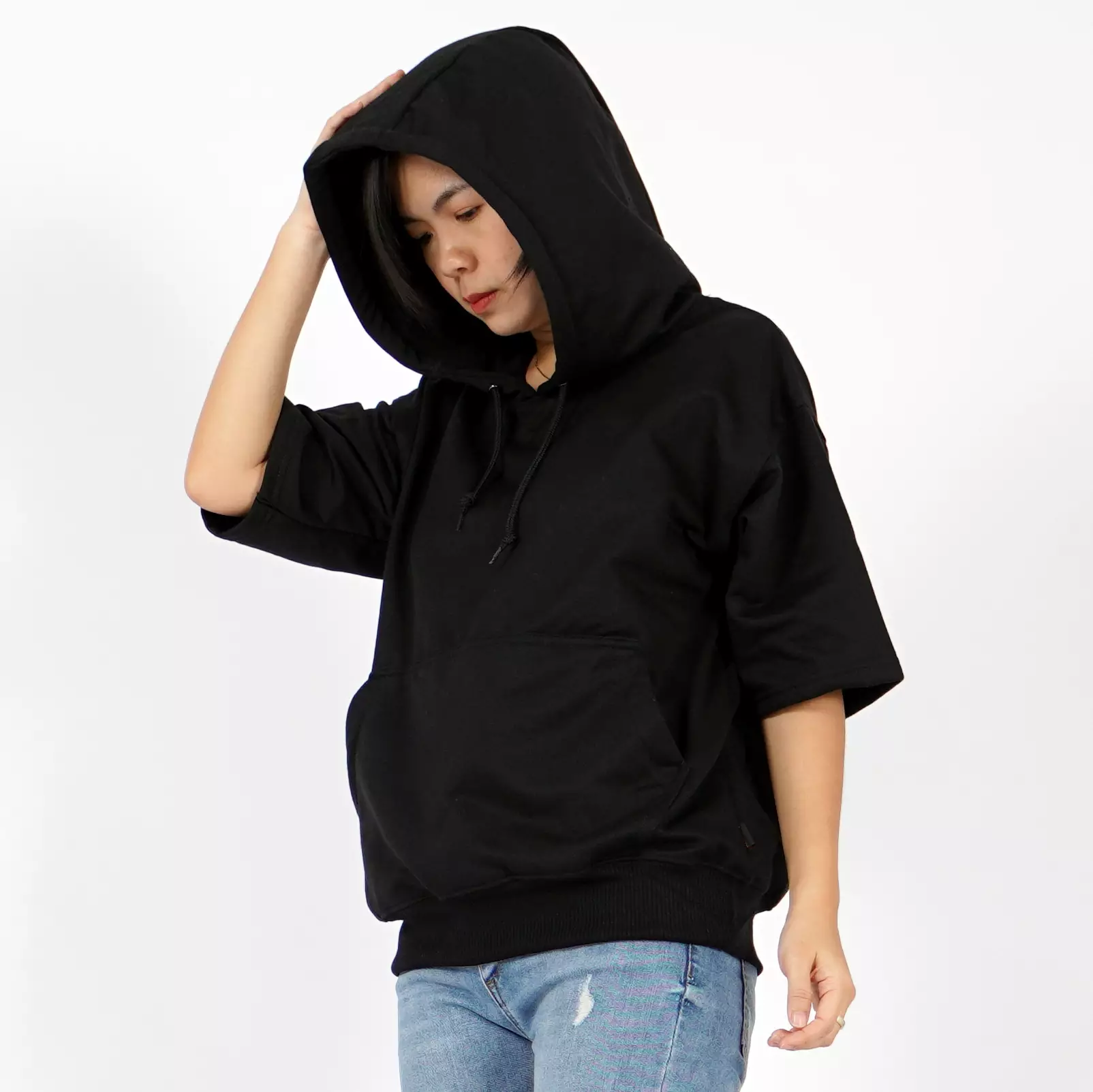  RICHA Top Hoodie Lengan Pendek Wanita Sweater Hoodie Short-HITAM