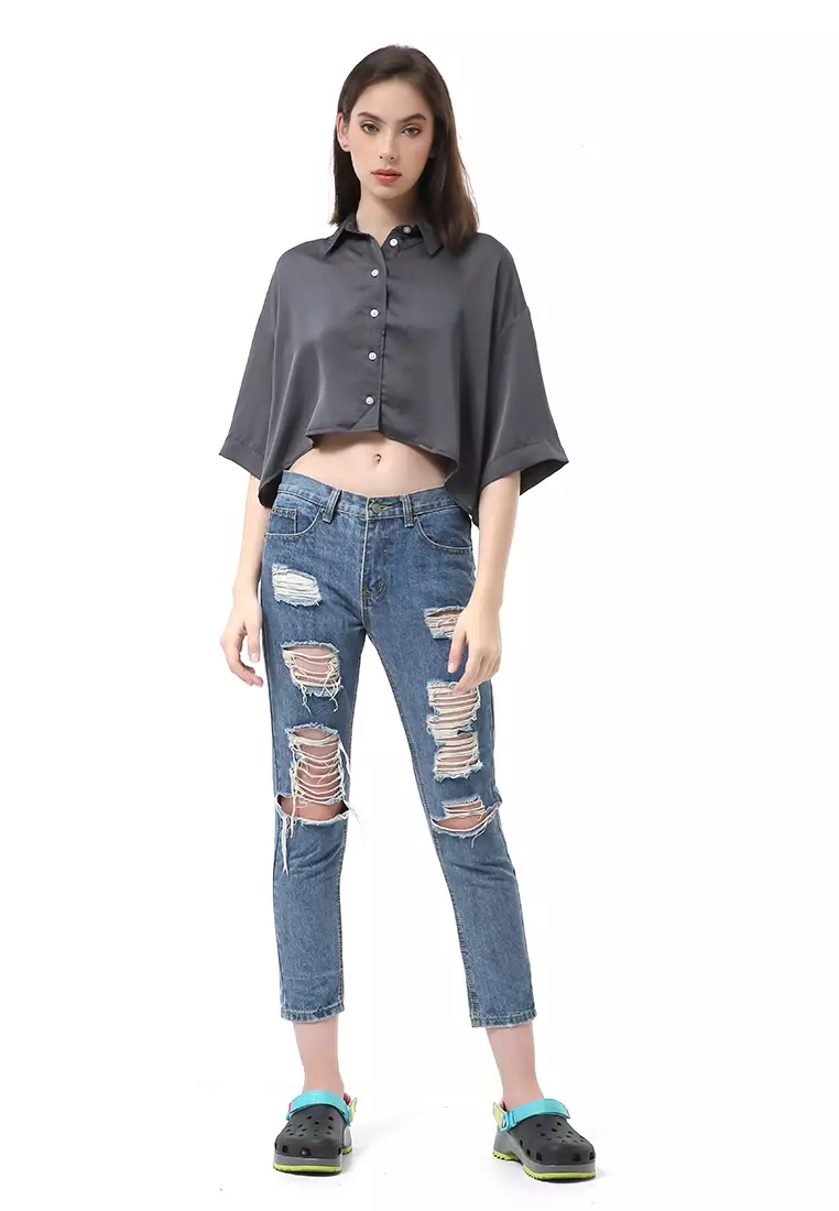 Brielle Atasan Wanita Kemeja Oversize Plain Motive Lengan Pendek Material Satin ORIGiNAL - Pine Green