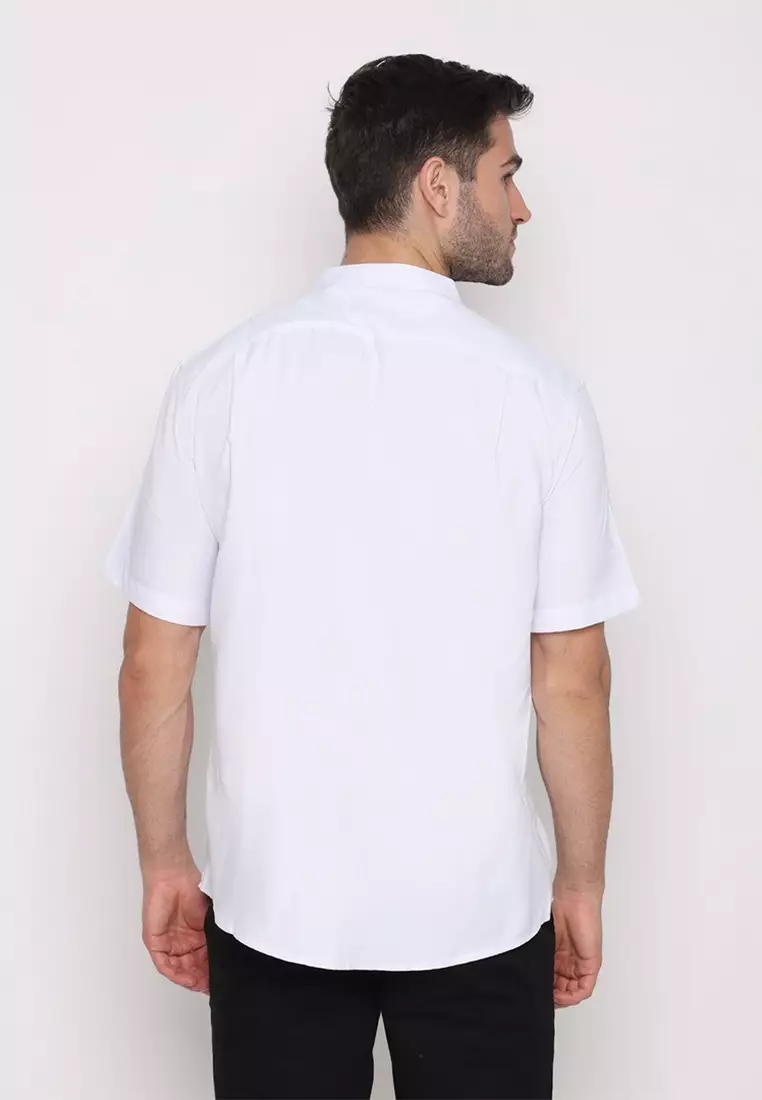 POLICE Kemeja Koko Polos Cotton Soft White Regular Fit Lengan Pendek Pria