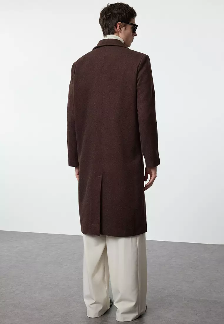 Brown Loose Fit Double Breasted Long Stitched Winter Coat TMNAW23KB00003