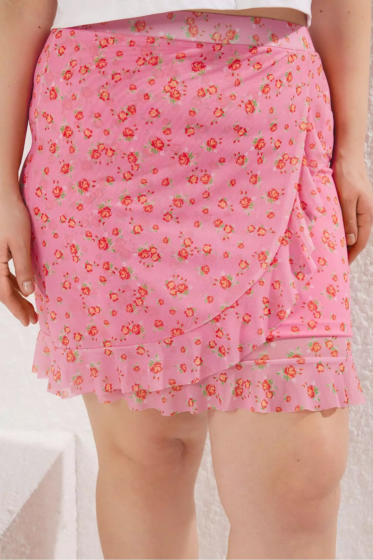 Pink Skirt With Ruffle Mini Tulle Knit Plus Size Skirt Tbbss25Az00005