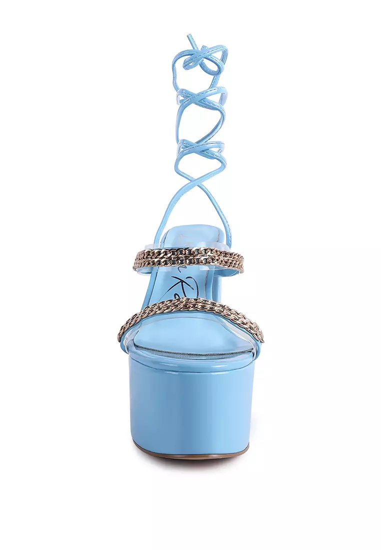 Sandal Chunky Bertali Rantai Logam Biru