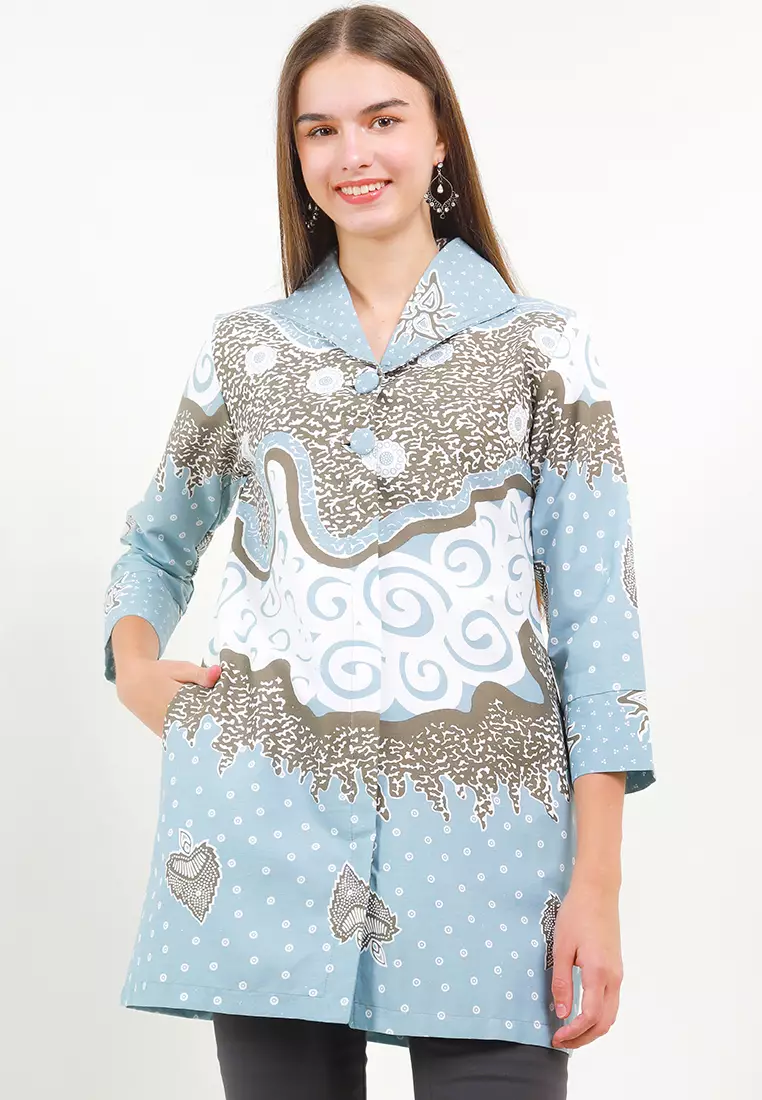 BATIK TALENTA EXCLUSIVE batik wanita blous MENDUNG TWOTONE BLUE
