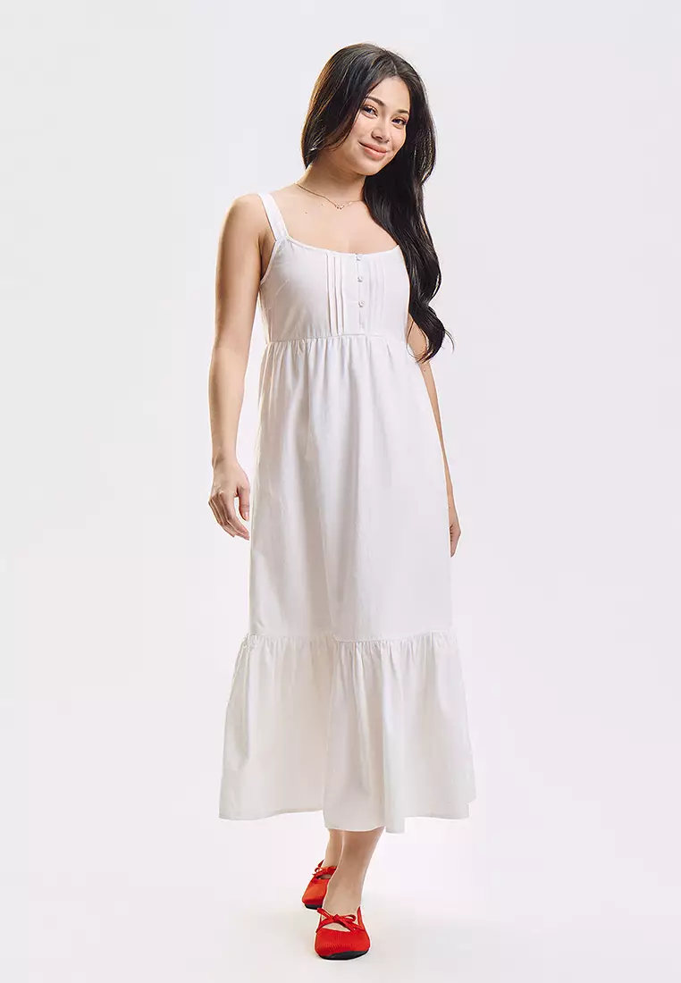 Sleeveless Linen Tiered Maxi Dress with Pleat Details