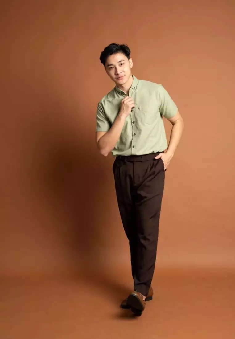Kemeja lengan pendek pria formal slim fit hijau mint houseofcuff