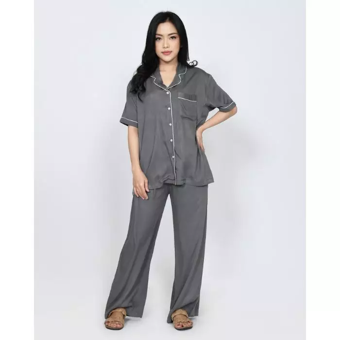 S/S COUPLE PIYAMA COTTON TENCEL Setelan Baju Tidur Pria Wanita ABU ABU