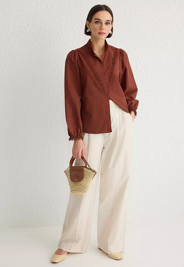 Brown Lace Detail Cotton Regular Regular Pattern Woven Shirt