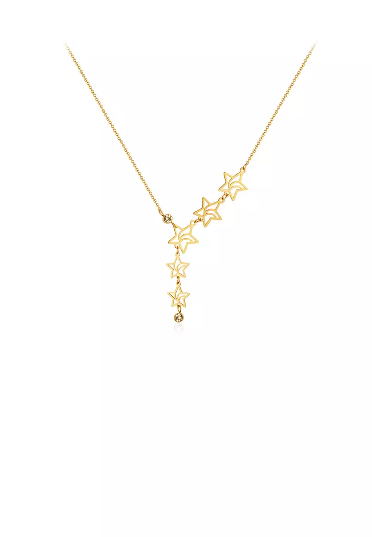 Fashion and Simple Plated Gold 316L Stainless Steel Hollow Star Tassel Pendant with Cubic Zirconia and Necklace